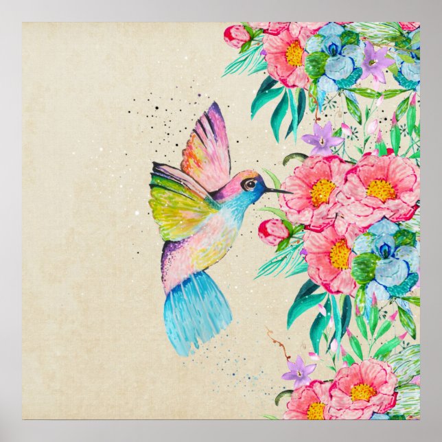Póster Colibrí acuarela capilar y flores (Frente)