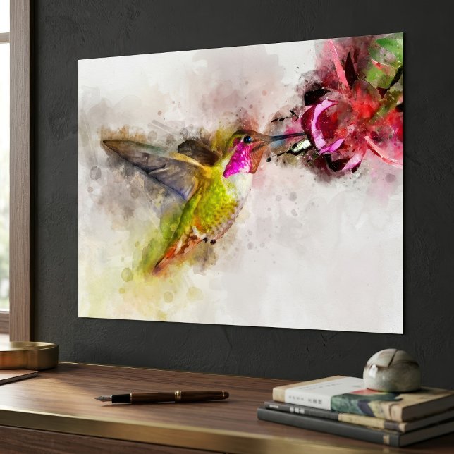 Póster Colibrí alimentándose de flor rosa Acuarela (Hummingbird Feeding on Pink Flower Watercolor. Poster)