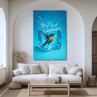Póster Colibrí Colorido Dentro de Cubo de Hielo Neon Azul