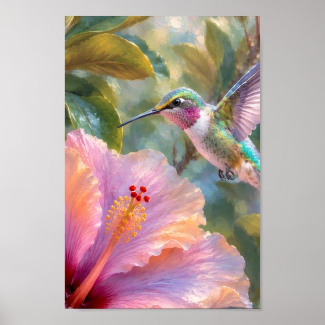 Póster Colibrí con Acuarela de Hibisco (Frente)