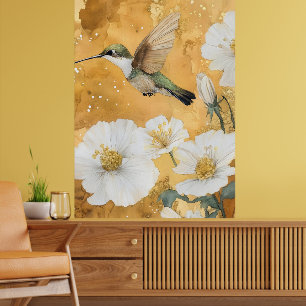 Póster colibrí de garganta rubí hembra flores blancas