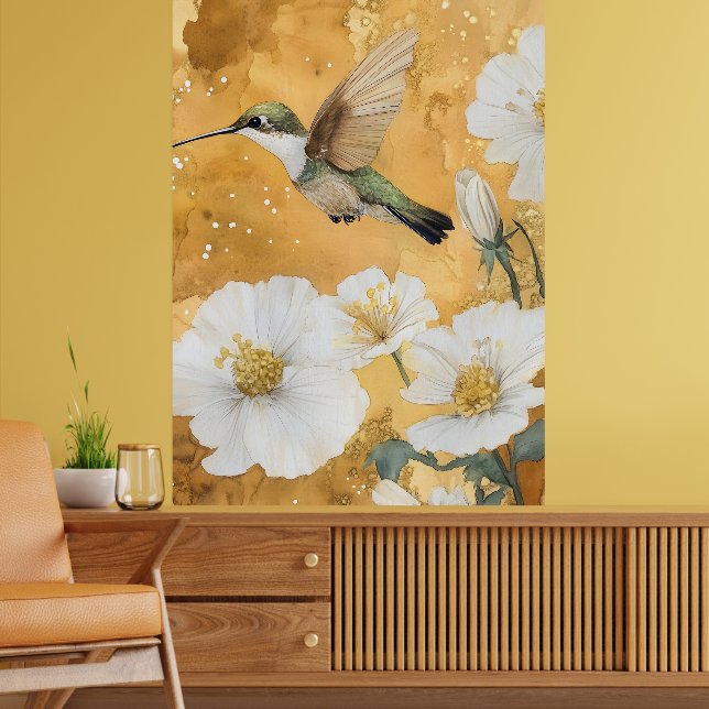 Póster colibrí de garganta rubí hembra flores blancas (Salón 2)