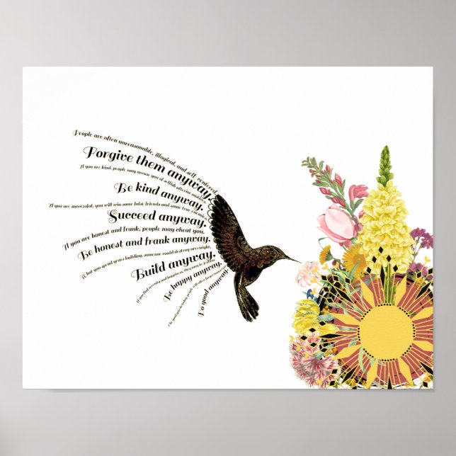 Póster Colibrí de oración inspiradora, sol y flores (Frente)