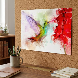Póster Colibrí en acuarela alimentándose de una flor roja