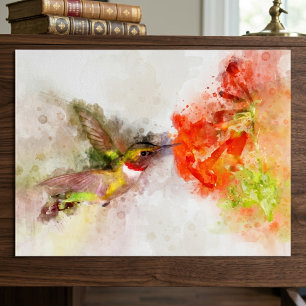 Póster Colibrí en acuarela alimentándose de una flor vibr
