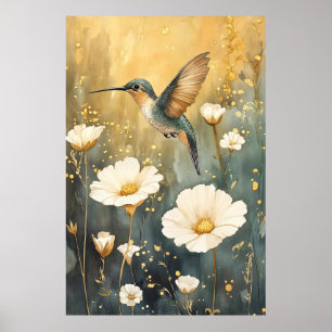 Póster colibrí en pleno vuelo en medio de flores blancas