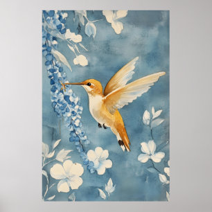 Póster colibrí en vuelo entre flores blancas
