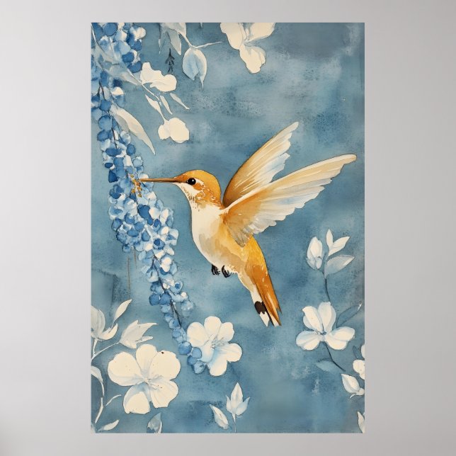 Póster colibrí en vuelo entre flores blancas (Frente)