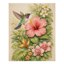 Colibrí Tropical Vibrante Botánico Hibisco