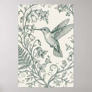Póster Colibrí Vintage y Helecho Botánico Línea Fina A