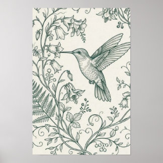 Póster Colibrí Vintage y Helecho Botánico Línea Fina A
