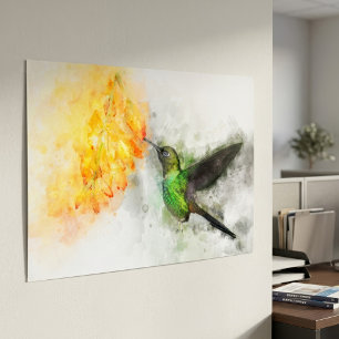 Póster Colibrí volando con flor acuarela - 02
