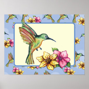 Póster Colibrí y flores