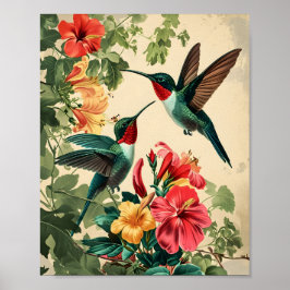 Póster Colibrí y flores: Vintage