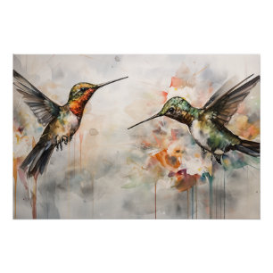 Póster Colibríes acuarelas en vuelo