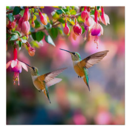 Póster Colibríes Flores de Fucsia Danza Iridescente