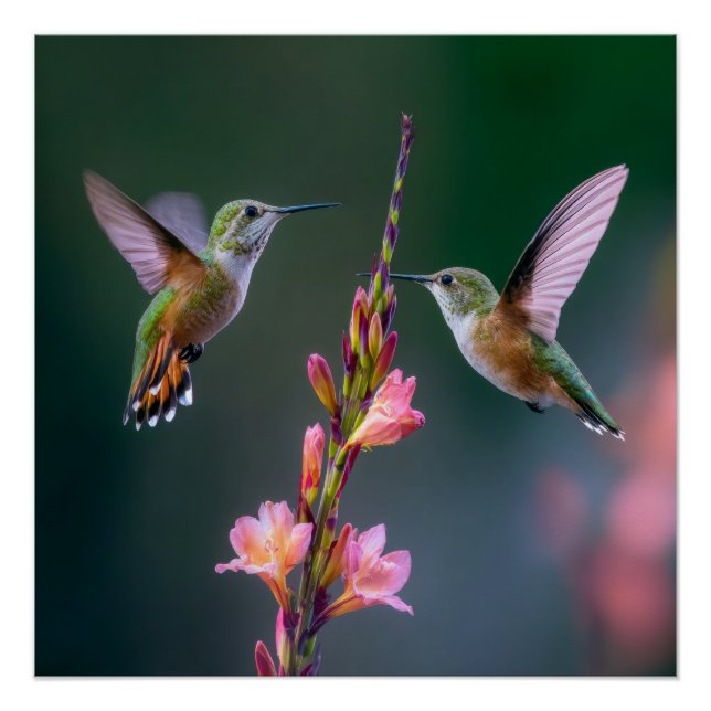 Póster Colibríes Gladiolus Flores Par Iridescente (Anverso)