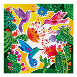 Póster Colibríes y Cactus en Flor