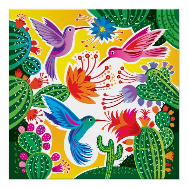 Póster Colibríes y Cactus en Flor (Anverso)