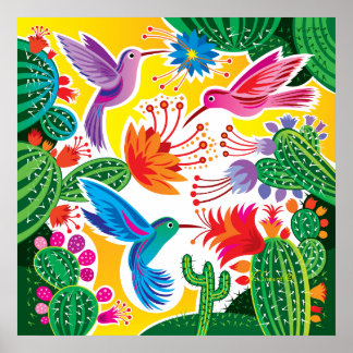 Póster Colibríes y Cactus en Flor