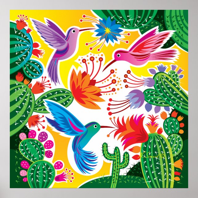 Póster Colibríes y Cactus en Flor (Frente)