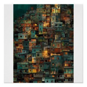Póster Colina cálida de favela al atardecer paisaje urban