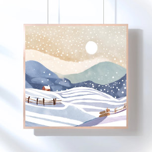 Póster Colina nevada Invierno en acuarela