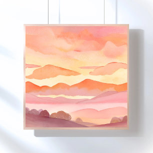 Póster Colinas de acuarela al atardecer Pintura del cie