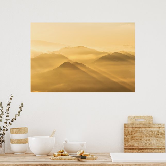 Póster Colinas de niebla matutina capas amanecer (Cocina)