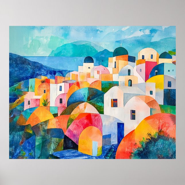 Póster Colinas de Santorini en tonos abstractos (Frente)