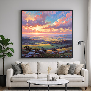 Póster Colinas doradas - Vibrante Ilustracion paisajístic