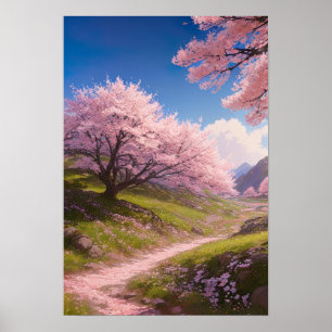 Póster Colinas verdes y sendero de flores de cerezo