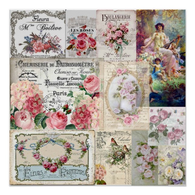 Póster collage chic de Shabby, victoriano del país, desac (Anverso)