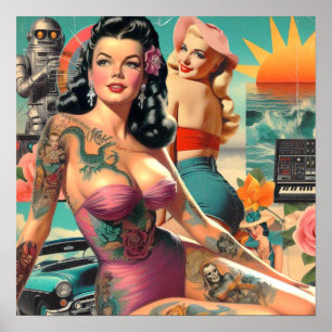 Póster Collage de chica pin-up veraniega tatuada