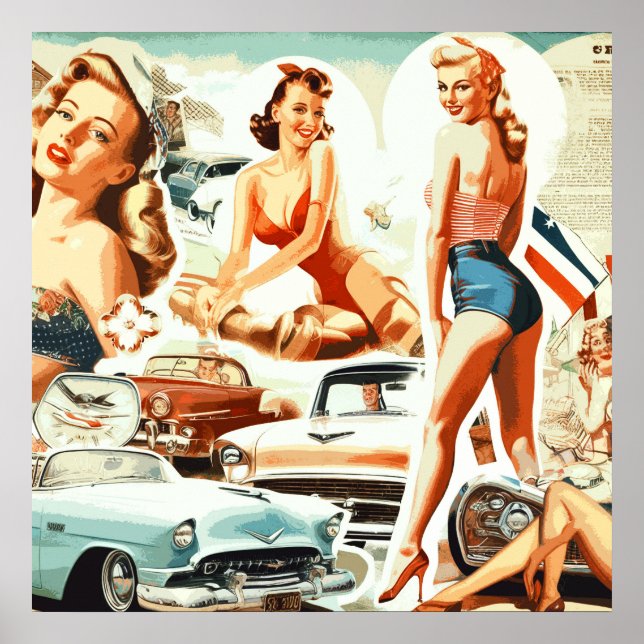 Póster Collage de chicas pin-up retro (Frente)