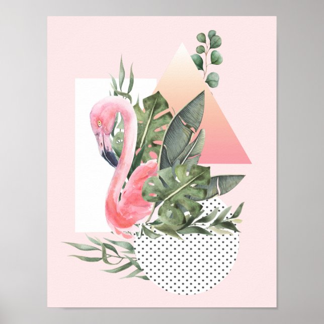 Póster Collage de color de agua tropical Flamingo rosa (Frente)