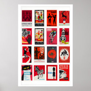 Póster Collage de etiqueta de caja de cerillas roja y neg