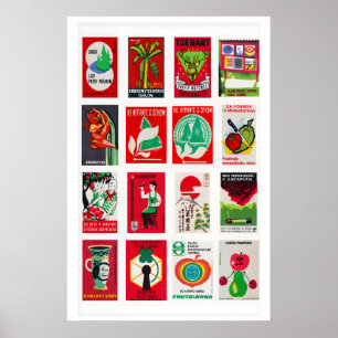 Póster Collage de etiquetas de caja de cerillas rojas y v