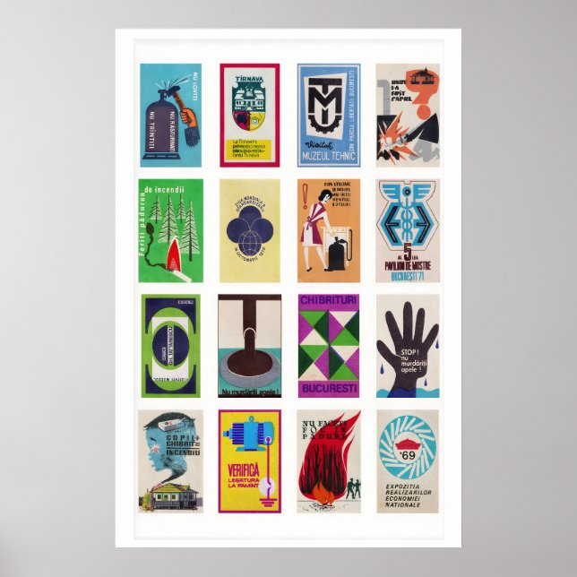 Póster Collage de Etiquetas de Caja de Cerillas Rumana, E (Frente)