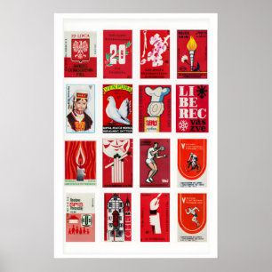 Póster Collage de etiquetas de cajas de cerillas rojas y 
