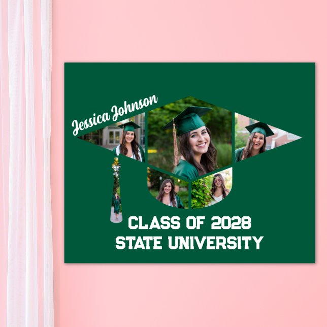 Póster Collage de fotos de forma de cierre de graduación  (Green Graduation Cap Shape Photo Collage Poster Print)