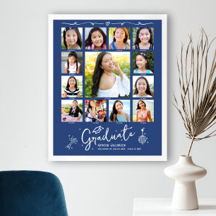 Póster Collage de fotos de graduación azul K-12 con garab