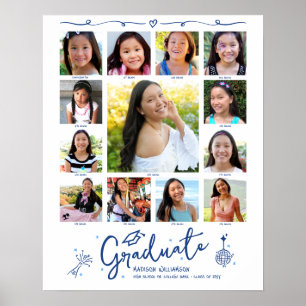 Póster Collage de fotos de graduación azul K–12 Doodles B