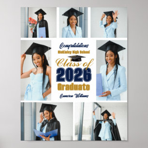 Póster Collage de Fotos de Graduación Azul Marino Dorado