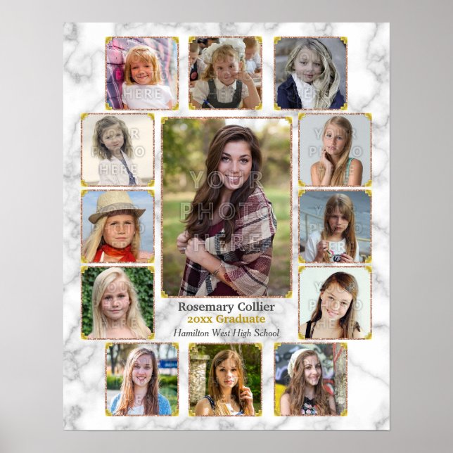 Póster Collage de fotos de graduación de secundaria Mármo (Frente)