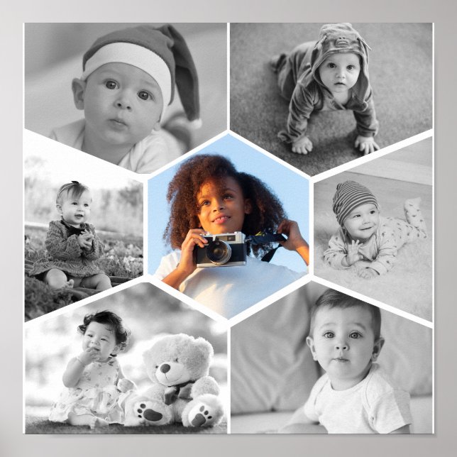 Póster Collage de fotos de hexágono blanco y negro (Frente)