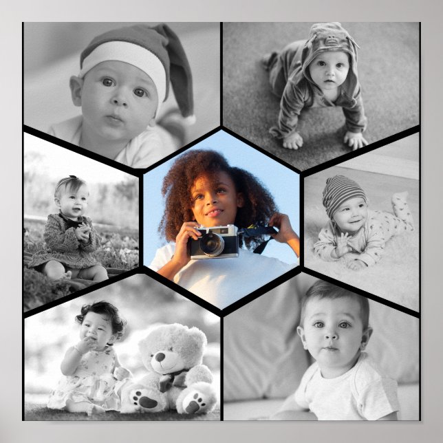Póster Collage de fotos de hexágono blanco y negro (Frente)