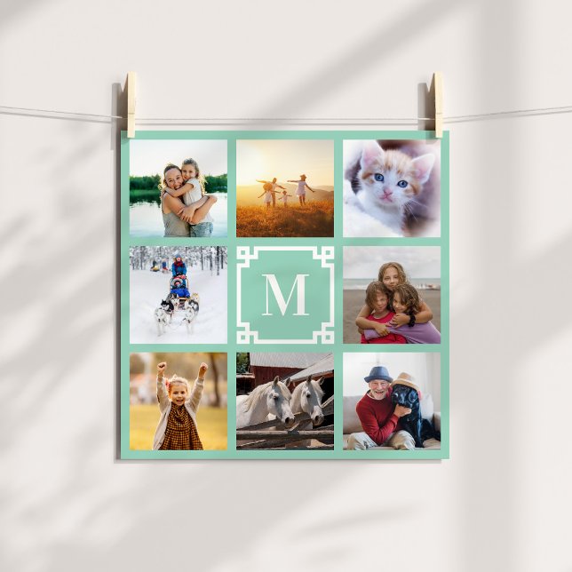 Póster Collage de fotos de llave griega Verde azulada lig (Light Teal Greek Key Monogram 8 Photo Collage Poster)