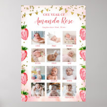 Collage de fotos de primer año de fresa rosa dorad