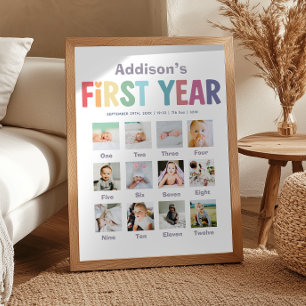Póster Collage de fotos del primer cumpleaños arcoíris de